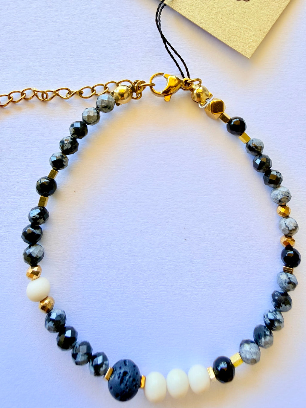 RĘCZNIE ROBIONA BRANSOLETKA z kamieni naturalnych TURMALIN OBSYDIAN LAWA WULKANICZNA