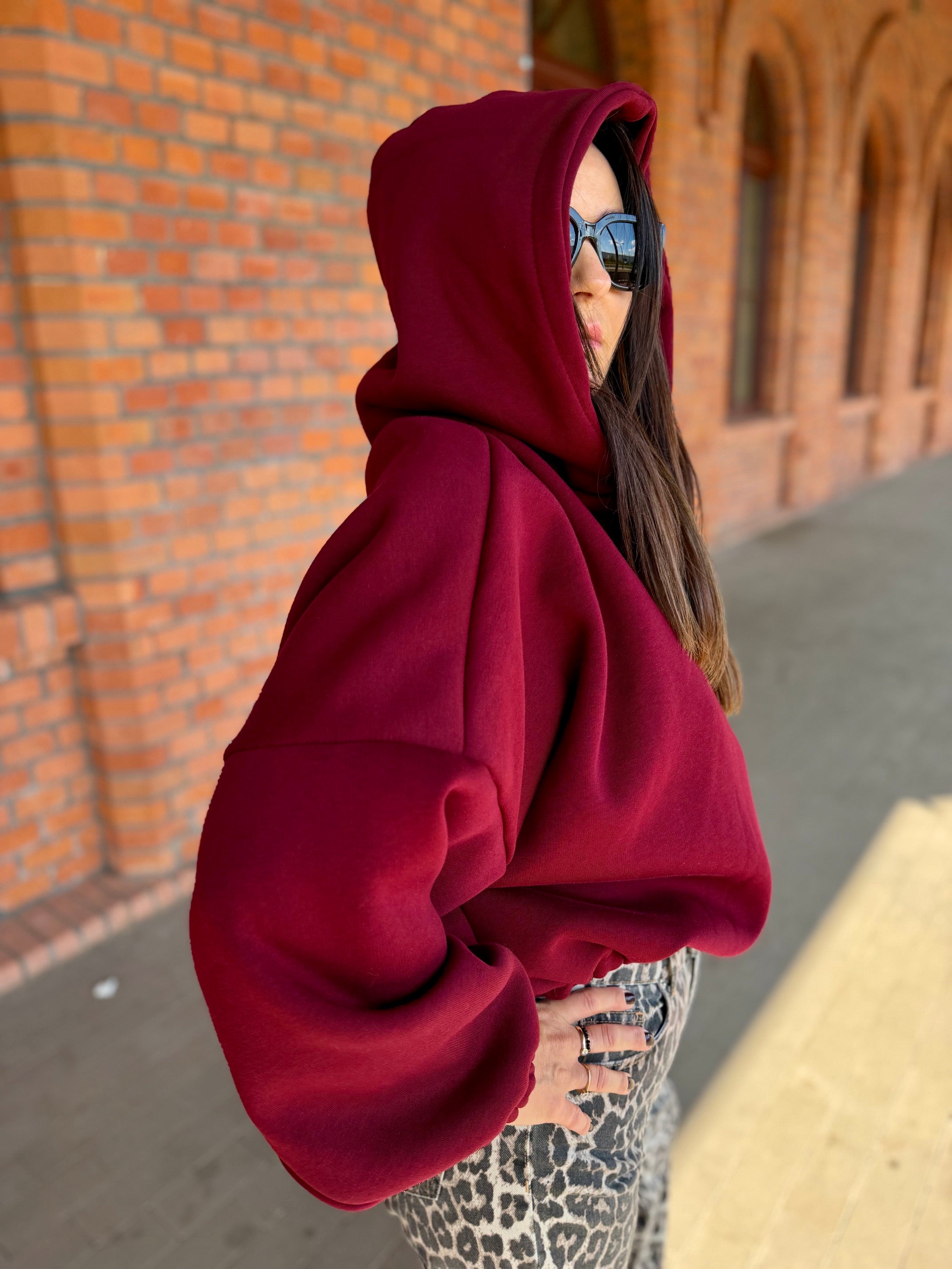BLUZA OCIEPLANA APOLONIA Z KAPTUREM bawełniana kolor bordo
